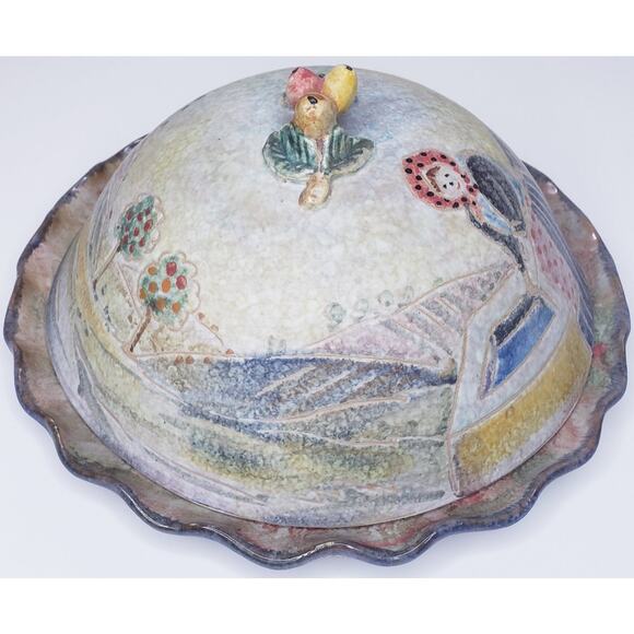 Vtg. Italica ARS POTTERY Italian Hand Painted Scalloped Edge Plate& Lid ~Signed - Picture 5 of 15